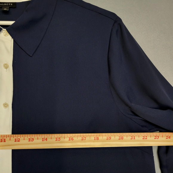 Talbots Shirt Womens XL Navy Blue Color Block Button Front Roll Tab Long Sleeve - Picture 9 of 12